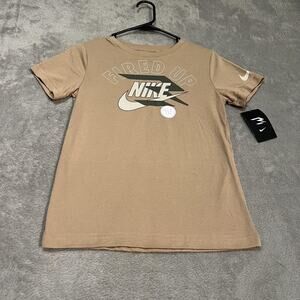 Nike Shirt Youth Medium Tan Fired Up Swoosh Logo All In Graphic Tee Kids NWT